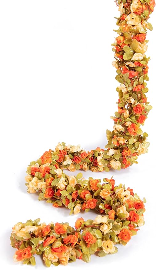 PONKING 6 Pcs x 8.2 ft Flower Garland Artificial Rose Vine Flowers with Green Leaves Hanging Fake Roses Vine for Room Party Home Wedding Birthday Christmas Wall Arch Decor, Fall Champagne Flower