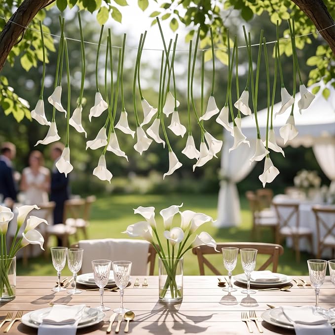 Lyrow 120 Pack Classic White Calla Lily Artificial Flower, Faux Calla Lily Hanging Flower, Ceiling Floating Garland Fake Floral Ornament for Wedding Arch Table Decor DIY Bouquet Bride Shower Tall Vase