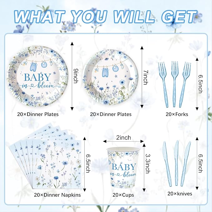 120PCS Boy Baby Shower Party Supplies Baby in Bloom Party Decorations Spring Wild Flower Pregnancy Announcement Tableware Set Dessert Plates Napkins Cups Set for 20 Guests