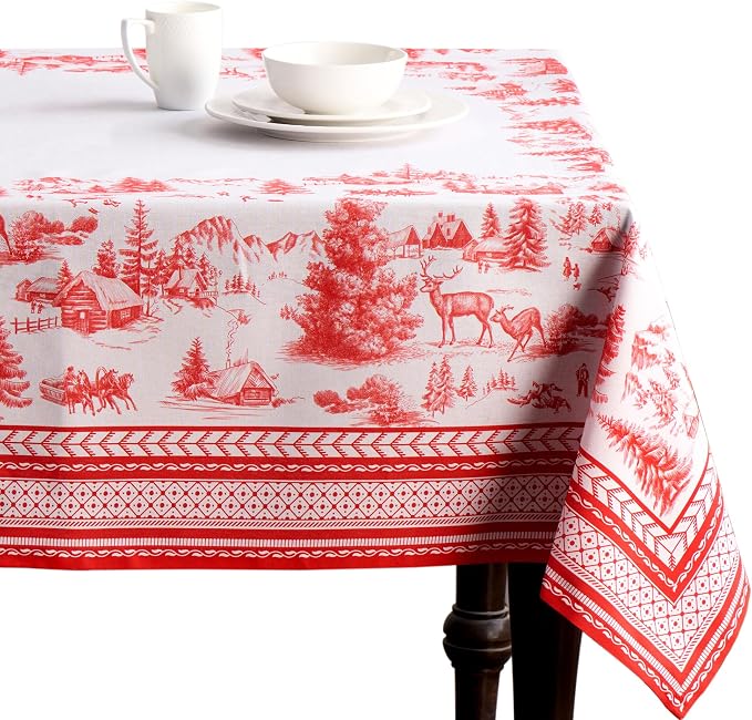 Maison d' Hermine Table Cloth Rectangle Table 100% Cotton 70 x 90 Inches Fall Tablecloth Reusable Everyday Use for Thanksgiving Christmas Decorations Dining Farmhouse Party (Winter Jouy)