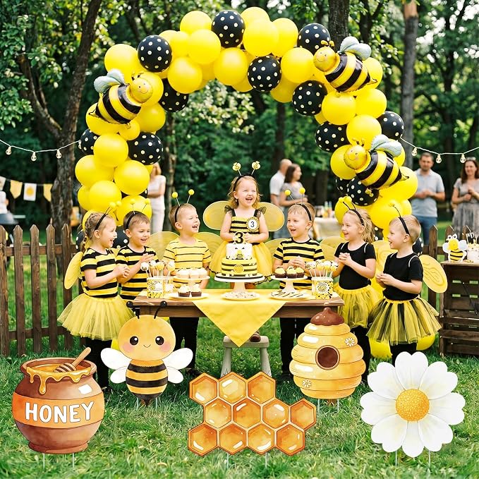 5PCS Bee Party Decorations, What Will Baby Bee Gender Reveal Decorations, Corrugated Plastic Honeybee Cardboard Cutouts for First Bee Day Birthday Party Baby Shower Photo Props Centerpieces