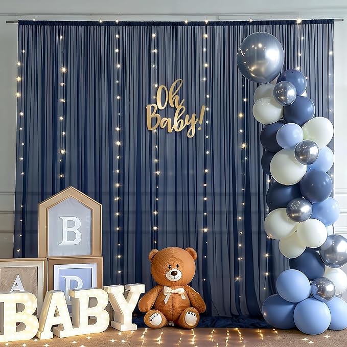 10x10ft Navy Blue Tulle Backdrop Curtain with Lights String for Parties, Sheer Photo Backdrop Drapes for Wedding Baby Shower Birthday Photography Stage Decorations
