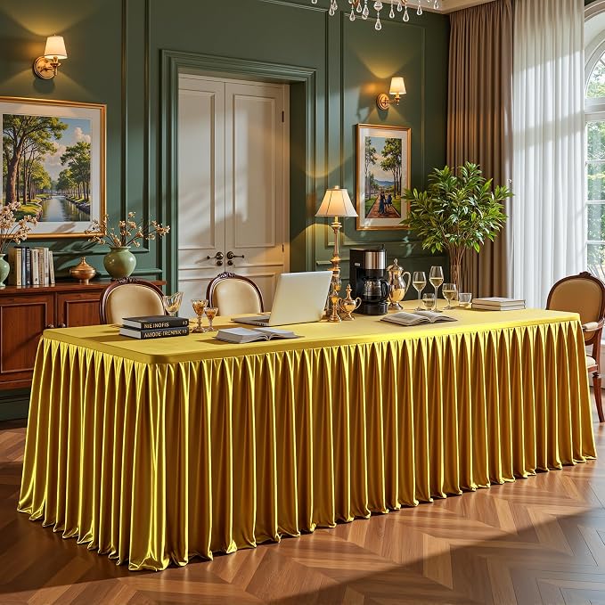 Gold Satin Tablecloths Rectangle 4FT, Glitter Fitted Stretch Table Covers Wrinkle-Resistant Floor Length Shimmer Pleated Table Skirt for Weddings Parties Baby Shower Banquets Vendor Events