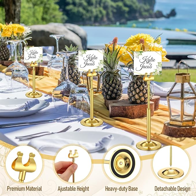Kathfly Gold 12 Set Table Number Holders Adjustable Metal Place Card Holders Harp-clip Tabletop Sign Stands Detachable Card Holder for Weddings Birthday Restaurants Table Decor (4.9-7.3 Inch)