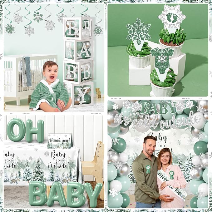 Baby It’s Cold Outside Baby Shower Decorations, Green Winter Baby Shower Decorations Winter Wonderland Tablecloth Banner Backdrop Balloon Box Cupcake Topper Hanging Swirl for Boy Girl Gender Reveal