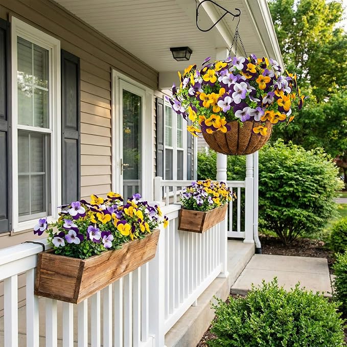 2 Set Artificial Outdoor Pansy Flowers with Hanging Baskets, 2 Hanging Baskets with 24 Pcs Silk Flowers for Spring Easter Decorations Porch Patio Home Decor (2, Purple, Yellow, White, Light Purple)