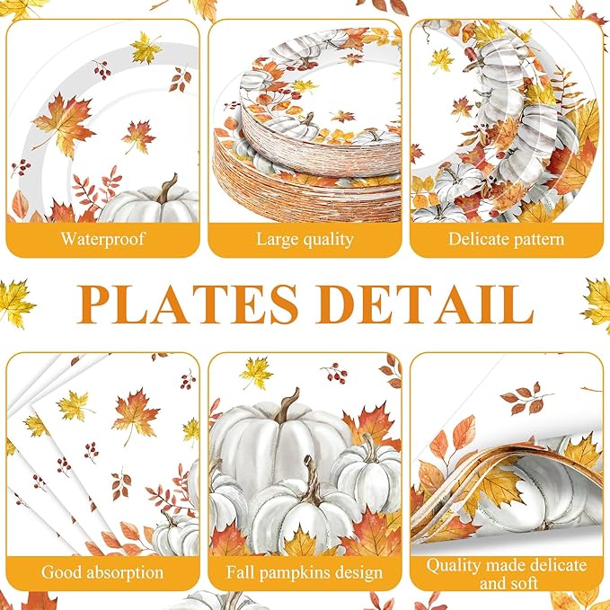 Funnymoom 452 Pcs Fall Thanksgiving Party Supplies Tableware Set for 50 Guests, Fall Pumpkin Maple Leaf Paper Plates and Napkins Cups Tablecloth Cutlery Straws for Autumn Harvest Party Decoration