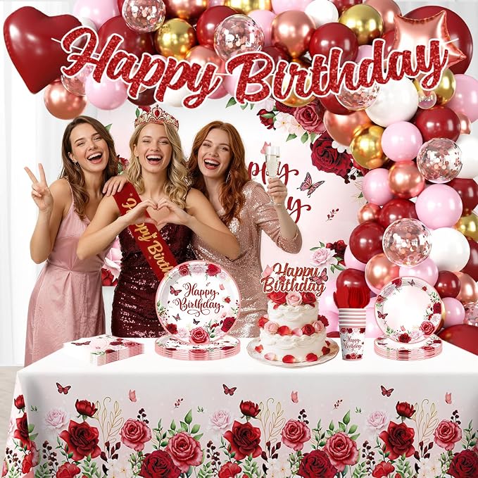 271 Pcs Burgundy Party Decorations, All-in-one Women Birthday Decorations with Burgundy Balloons, Banner, Backdrop, Plates and Napkins Set, Floral Happy Birthday Decorations Rose Gold