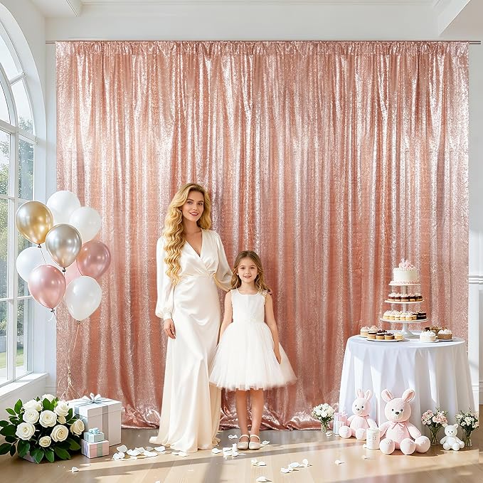 SquarePie 20x10ft Rose Gold Sequin Backdrop for Photography, Satin-Backed Real Sequin Curtain, Enhanced Coverage Shimmering Background with 4" Rod Pocket for Wedding, Birthday, Party Decor, 1 Panel