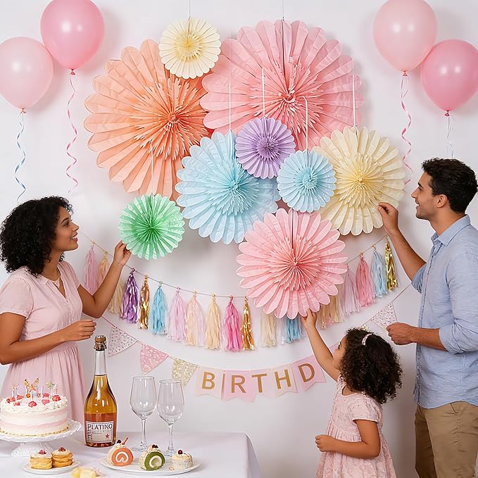 Paper Jazz 9pcs Spring Pastel Paper Fans Party Decoration,Paper Flowers Wall Decoration, Rainbow Birthday Party Decorations Tissue Pom Poms for Birthday Wedding Baby Shower Classroom.