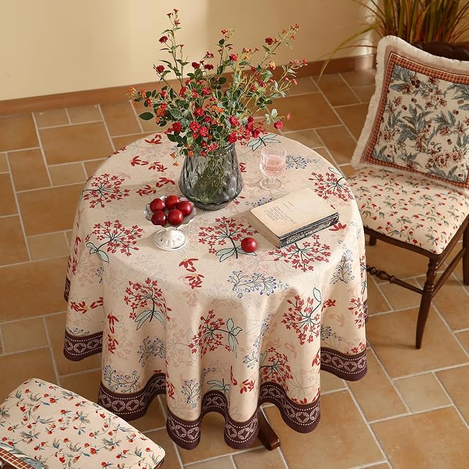 patdrea Vintage French Linen Tablecloth,Round,Diameter 55"-NewMari | Elegant Printed Table Cloth for Round Table,Red Floral Patterned,Durable,Dining Room Kitchen Tea Party Decoration