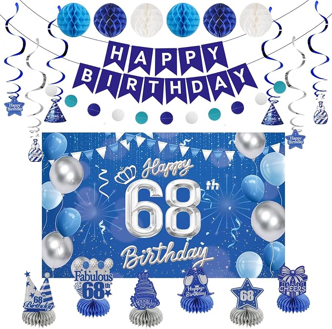 Happy Birthday Party Decoration Set: Including Birthday Banner Backdrop, Party Table Centerpieces and Hanging Swirl Party Streamers, Birthday Decor Suppliers for Men and Women (Blue, 68th Birthday)