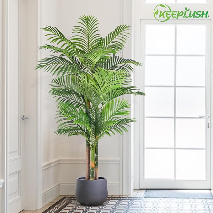 6ft Tall Triple Golden Cane Palm Artificial Tree Large Tropical Palm Tree UV Resistant Fake Plant in Pot for Indoor Outdoor Big House Living Room Outside Patio Office Home Decor 1Pack
