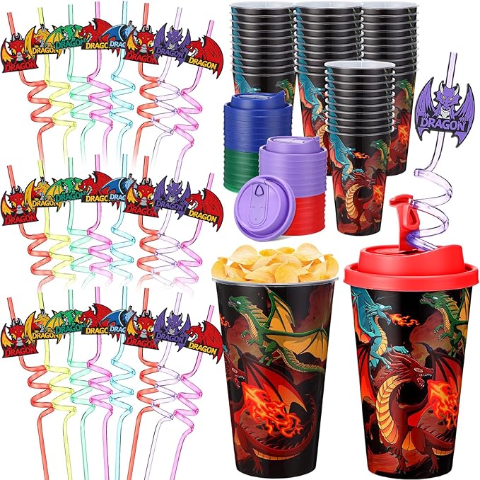Yungyan 36 Sets Dragon Party Favors Goodie Cups with Lids and Straws for Birthday Decorations Reusable 16oz Plastic Candy Cups Plastic Straws for Birthday Party (Dragon)
