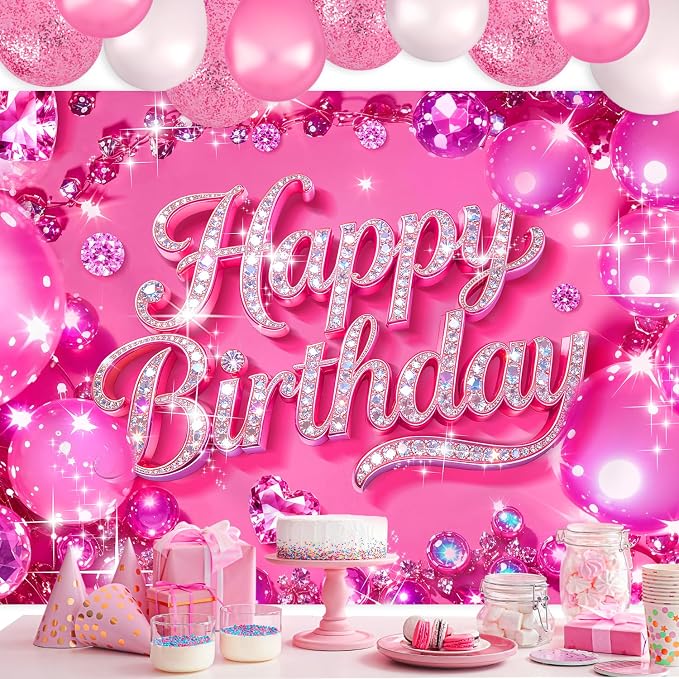 Happy Birthday Backdrop 7Wx5H Feet Polyester Fabric Bling Diamond Glitter Hot Pink Luxurious Crystal Ball for Princess Girl Decoration Modern Party Photography Background Photo Shoot Props