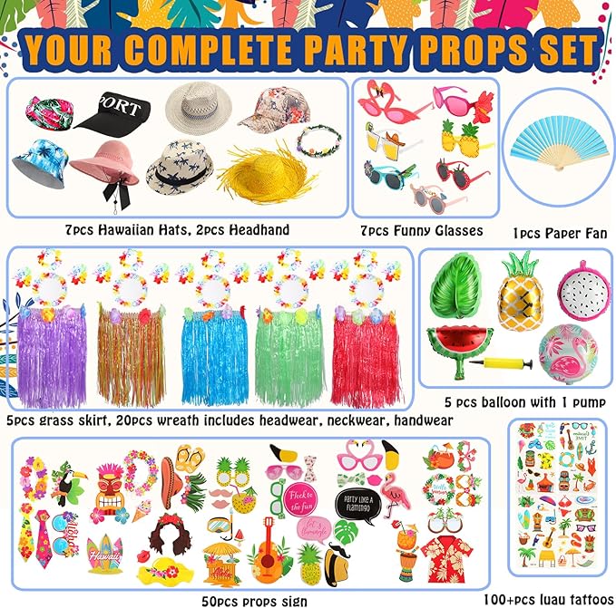 Bulk Summer Hawaiian Photo Booth Props, Luau Photo Props, Funny Hawaiian Sunglasses, Tropical Fancy Dress Props, Photo Booth Props Sets for Hawaii/Tropical/Tiki/Summer/Beach Theme Party Supplies
