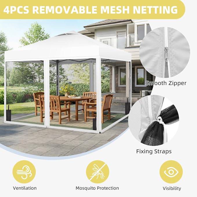 GDY 10x10 Pop up Canopy Tent with Mosquito Netting, Easy up Gazebo for Patio, Camping and Garden, Includes 4 Sandbags, White