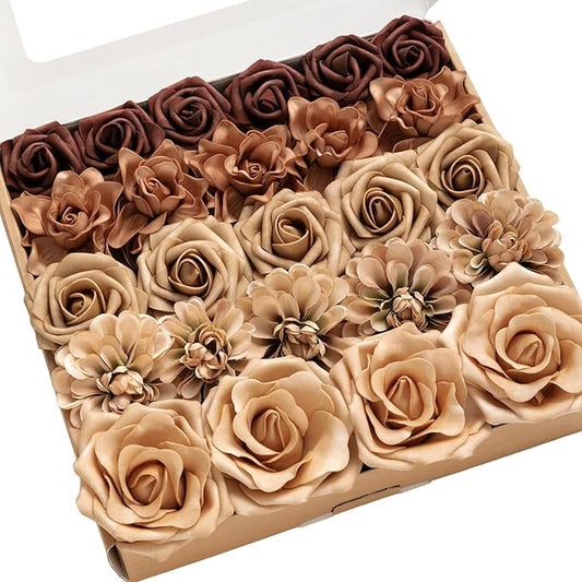 Ling's Moment Artificial Flowers Fake Silk Chrysanthemum Faux Foam Roses Combo for DIY Wedding Bouquets Centerpieces Arrangements Bridal Shower Party Home Decorations, Walnut Brown & Sand Biege, 25pcs