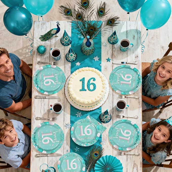 96Pcs Teal 16th Birthday Party Supplies Teal and Silver Sweet 16 Plates and Napkins Tableware Sets Sixteen Party Decorations for Teens Boys and Girls 16 Years Old Birthday Supplies Serves 24