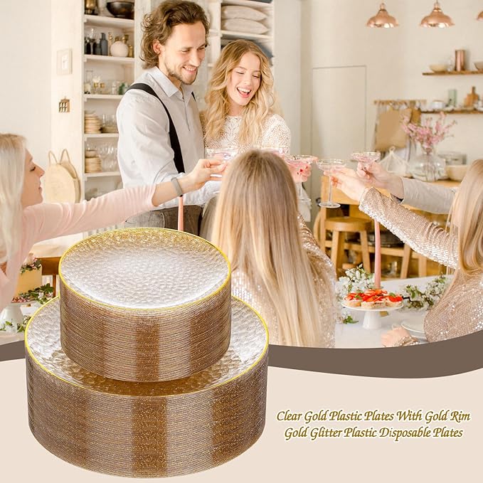 Rubtlamp 100Pcs Clear Gold Plastic Plates, Gold Glitter Disposable Plates, Hammered Plastic Plates Included 50 Dinner Plate And 50 Dessert Plate for Weddings Party Birthday