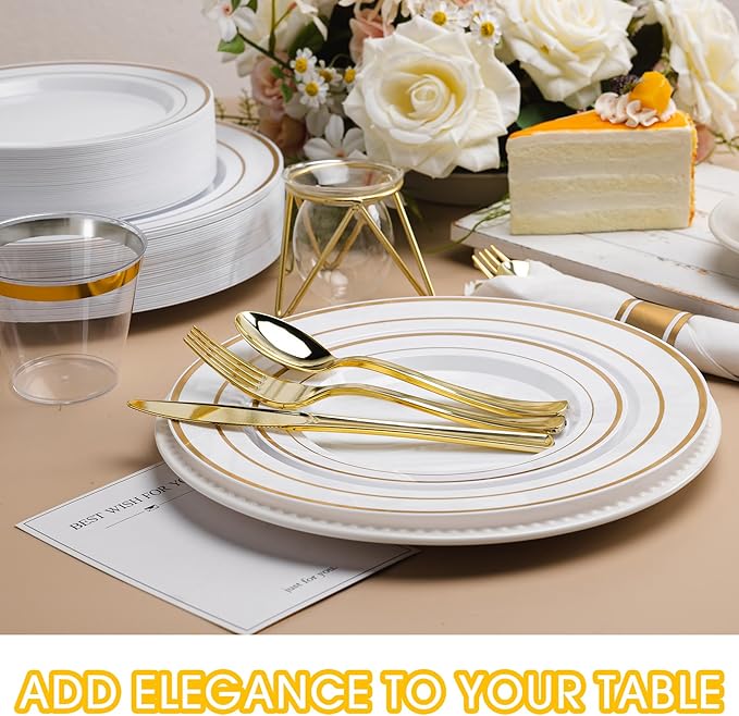 350 PCS White and Gold Plastic Dinnerware Set for 50 Guests, Disposable Party Plate for 50 Guests, Include: 100 Plastic Plates, 50 Pre Rolled Napkins with Gold Silverware, 50 Cups