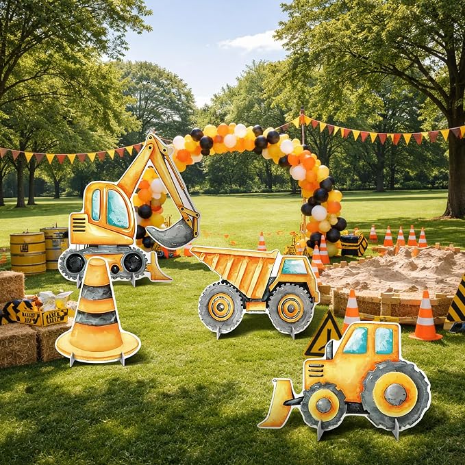 4 Pcs Construction Party Decoration Large 23.62 Inch Construction Cardboard Cutout, Truck Themed Birthday Decorations Photobooth Props Backdrop Yard Signs for Lawn Garden Classroom Decor