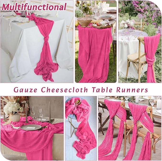 4Pack Hot Pink Cheesecloth Table Runner 10FT Gauze Hot Pink Cheese Cloth Table Runner 35x120Inch Long Boho Spring Easter Table Runners Rustic Sheer Table Runners for Wedding Baby Bridal Shower Decor