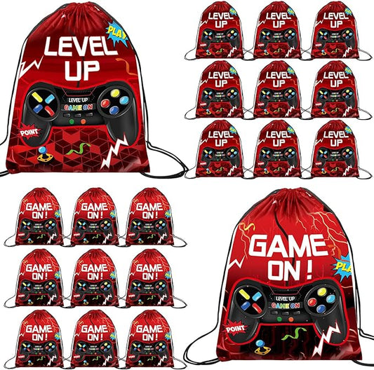 Eccliy 20 Pcs Video Game Party Favor Bags Gamer Birthday Party Drawstring Bags for Kids Boys Girls 12 x 10 Inch Gaming Goodie Treat for Game on Theme Decorations Supplies(Red,Lively Style)