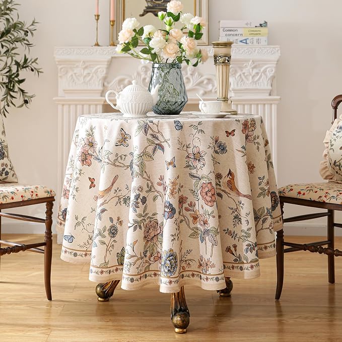 ISAENNE Designer French Linen Round Tablecloth,Diameter 67"-Cornucopia | Vintage Elegant Floral and Bird Pattern Beautiful Durable Table Cloth for Dining Room Tea Party Kitchen Thanksgiving,Decor