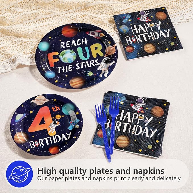 96Pcs Reach Four the Stars Party Supplies Space 4th Birthday Plates and Napkins Disposable Outer Space Theme Tableware Set for Boys Galaxy Astronauts Planet Birthday Party Decorations Serves 24