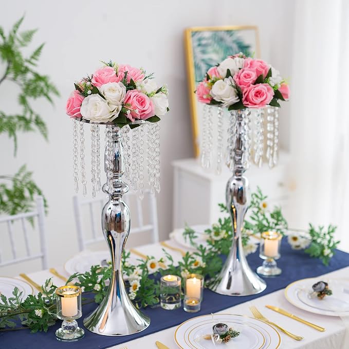 Silver Vase Stand Table: 21.3in Wedding Centerpieces, Set of 2 | High End Crystal Design Vase Stand for Wedding Party Reception Birthday Event Home, Tall Table Center Piece