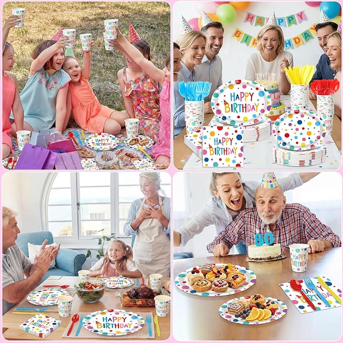 Pajean 350 Pcs Happy Birthday Party Supplies Oval Paper Plates Set with 12 inch Disposable Birthday Oval Plates and Napkins Colorful Dots Design Heavy Duty Paper Dinnerware Set for 50 Guests