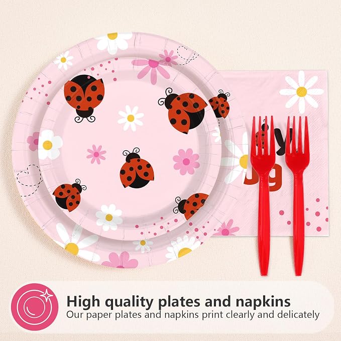 96 Pcs Ladybug 1st Birthday Decorations Pink Bug Plates and Napkins Disposable Tableware Set Cute Bug First Birthday Decoration for One Year Old Girls Ladybug Theme Birthdays Party Supplies Serves 24
