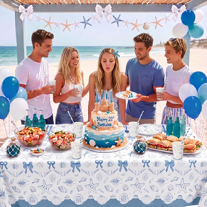 Vesici 452 Pcs Coastal Beach Party Supplies for 50 Guests Blue Bow Seashell 9” 7” Plates Napkins Tablecloth 9oz Cups Disposable Tableware Set for Summer Ocean Theme Birthday Baby Shower Decorations