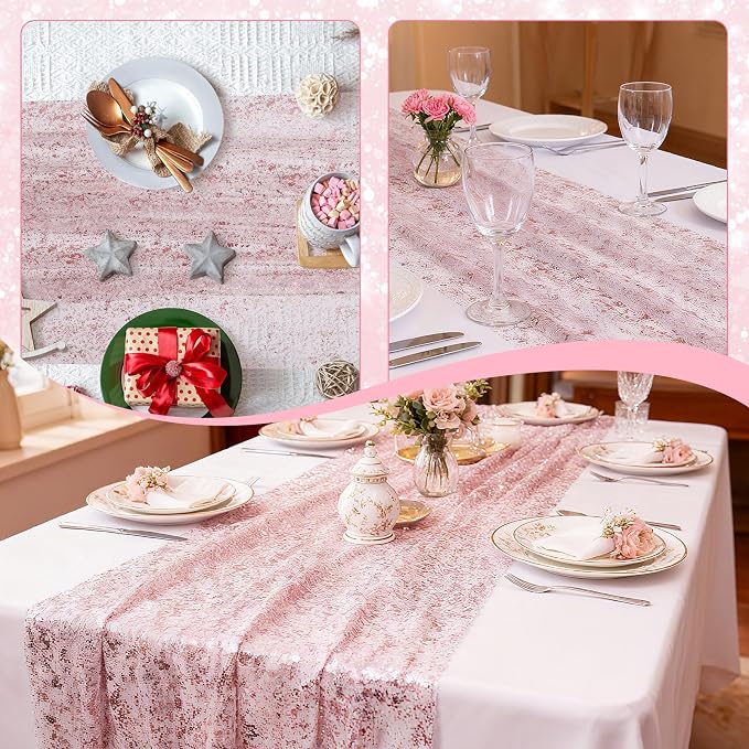BINBE 6PCS Rose Table Runner 10Ft Sheer Chiffon Fabric Cheesecloth Sequin Glitter Table Runner for Wedding Birthday Party Decor