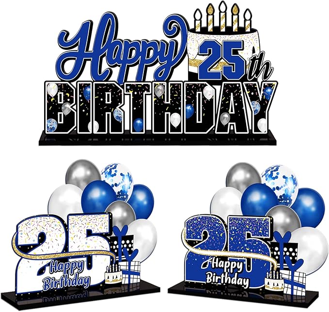 LINGTEER Happy 25th Birthday Blue Acrylic Table Topper Centerpieces Set - Cheers to 25 Years Old Birthday 25th Bday Party Gift Decorations.