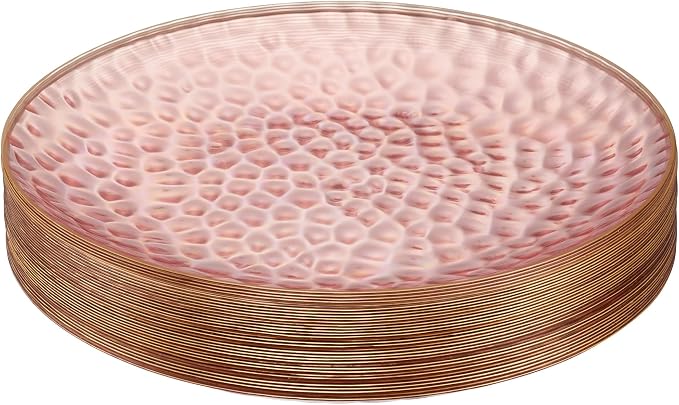 PLASTICPRO 30 Pack Hammered Plastic Plates Heavyweight Disposable Plastic Plates Elegant Clear Platsic Party Dishes (Hammered Pink With Gold Rim, 10'' INCH PLATES)