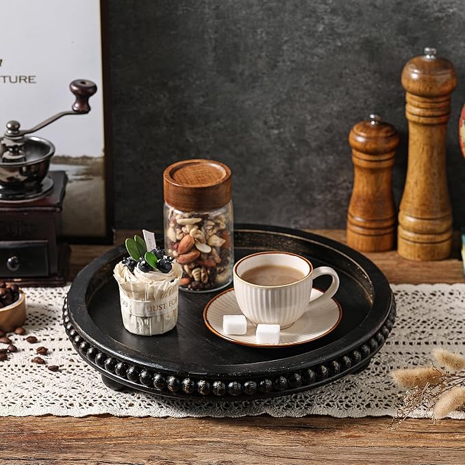Wooden Decorative Tray, Black Round Coffee Table Tray Decor Beaded Distressed Rustic Farmhouse Centerpiece for Living Room Entryway Kitchen Counter Dining Room