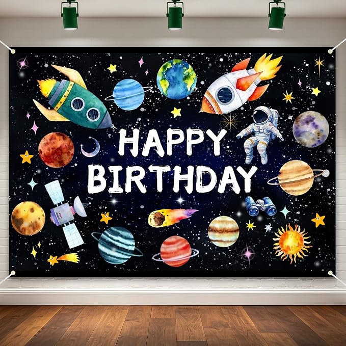 Outer Space Birthday Party Decorations - Huge 7x5FT Galaxy Backdrop, Rocket Astronaut Foil Balloons, Solar System Paper Lanterns & Tablecloth for Boys First Trip Around the Sun Party