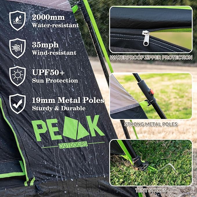 PEAK OUTDOORS Instant Tent 6/8 Person Tents for Camping, 60 Second Easy Setup Portable Camping Cabin Tent with Rainfly, Waterproof Pop Up Tents for Family Camping & Hiking with Expandable Carry Bag