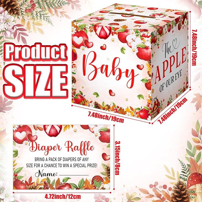 Teling 51 Pieces Diaper Raffle Tickets with Card Box Baby Shower Decorations Gender Reveal Holder Box for Girl Boy Diaper Raffle Party(Apple of Our Eye Style)