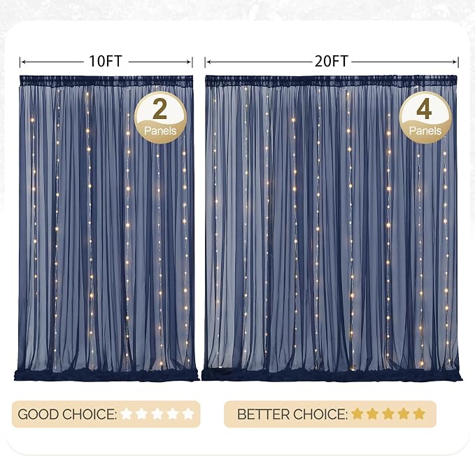 10x10ft Navy Blue Tulle Backdrop Curtain with Lights String for Parites, Sheer Photo Backdrop Curtains with Lights for Wedding Backdrop Ceremony Reception Bridal Shower Baby Shower Birthday Party