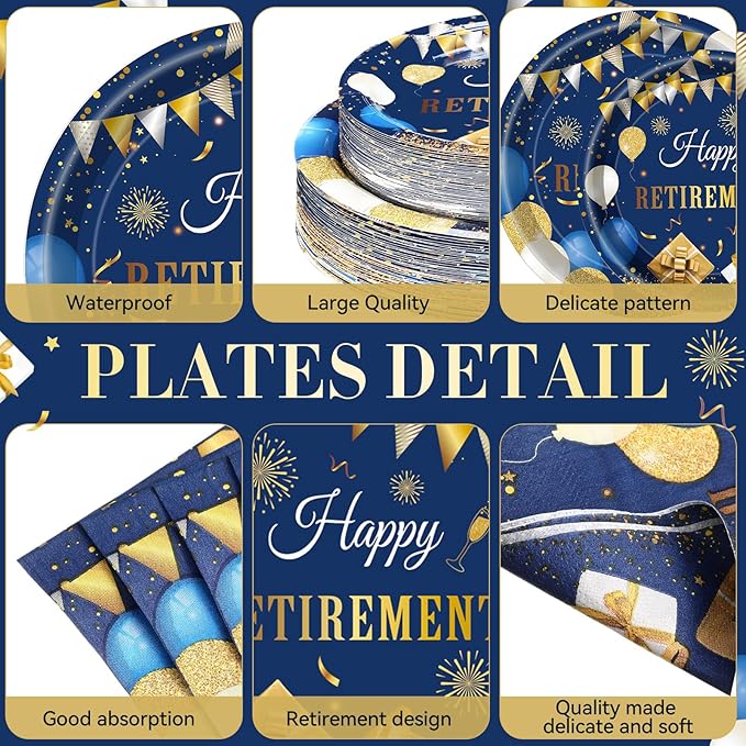 Funnymoom 452 Pcs Retirement Party Decorations Supplies Set Include Blue Gold Retirement Paper Plates Napkins Cups Tablecloth Cutlery Straws for Men Women Say Goodbye Party