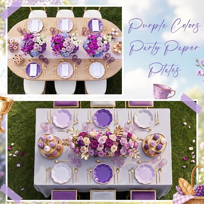 72 Pcs Purple Paper Plates 9 Inch Lavender Gradient Scalloped Paper Disposable Dinner Dessert Plates for Birthday Wedding Bridal Baby Shower Party Supplies, 6 Colors