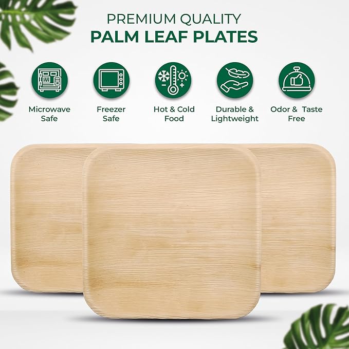 Palm Leaf Disposable Plates - Bamboo Plates Disposable 8 Inch Square (50pc) - 100% Compostable & Biodegradable Plates with Cutlery (50 Forks, 50 Knives) - Heavy-Duty, Party Dinnerware Set