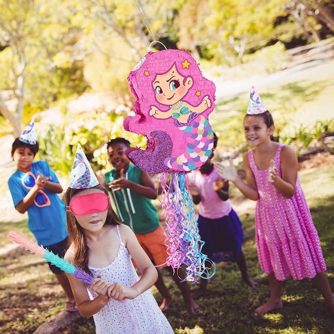 WERNNSAI Foldable Mermaid Piñata - Pull String Mermaid Birthday Party Supplies with Blindfold Bat and Tassels Party Decoration Folding Girl Piñatas for Game