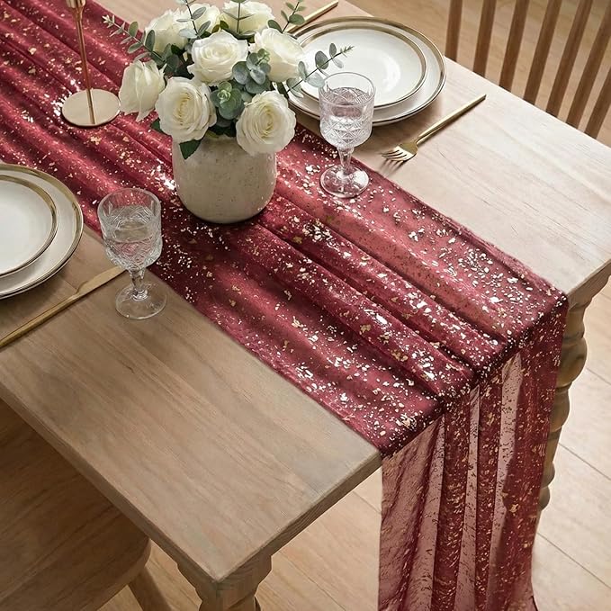 Artoid Mode Burgundy Gold Gauze Table Runner 120 Inch 10FT, Glitter Metallic Foil Sheer Dining Wedding Anniversary Holiday Birthday Table Decor for Home Party