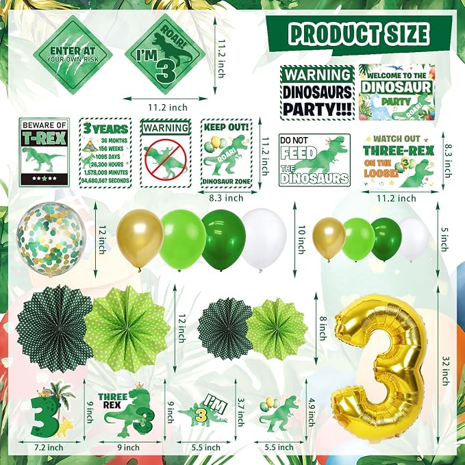 Dinosaur 3rd Birthday Decorations for Boys, 132Pcs Three Dino Rex Dinosaur Party Decor Supplies - Backdrop, Banner, Tablecloth, Centerpieces, Temporary Tattoos, Fans Pompoms, Wall Signs