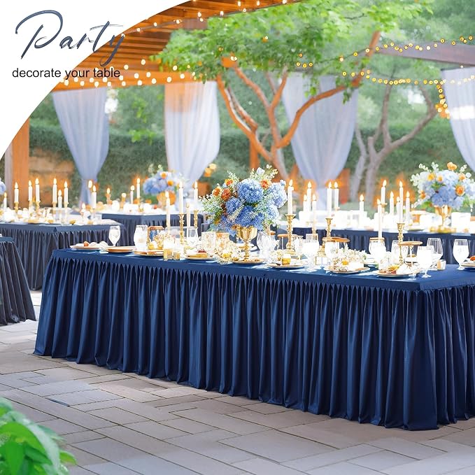 2 Packs Navy Blue Polyester Table Clothes for 8 Foot Rectangle Tables, Wrinkle Free Fitted Table Cover 8ft Stretch Tablecloths with Skirt for Parties Weddings Birthday Banquet Baby Shower