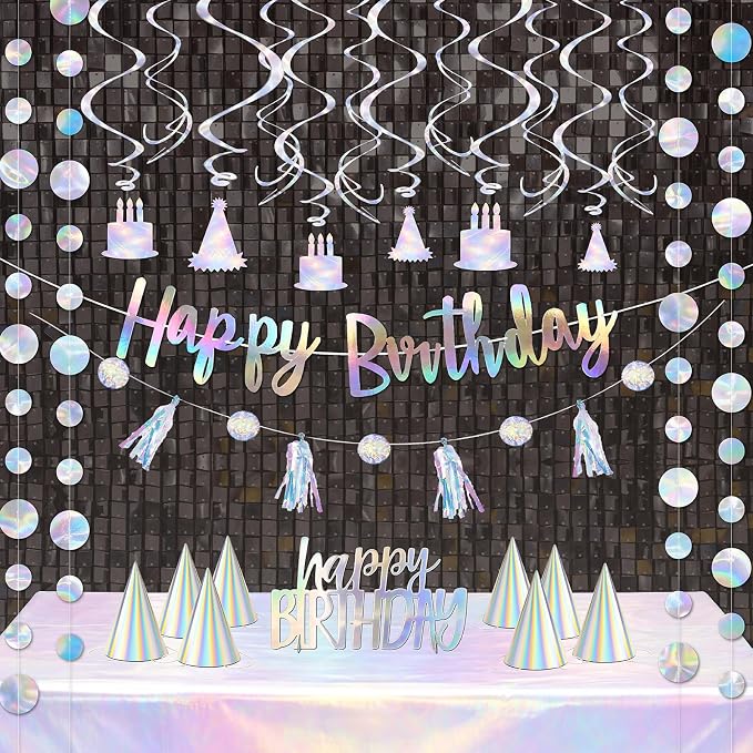 HonuGoGo 28-Piece Iridescent Birthday Party Decoration Kit – Happy Birthday Banner, Hanging Swirls, Garlands, Table Centerpiece, Tablecloth & Cone Hats for a Shimmering, Photo-Ready Celebration